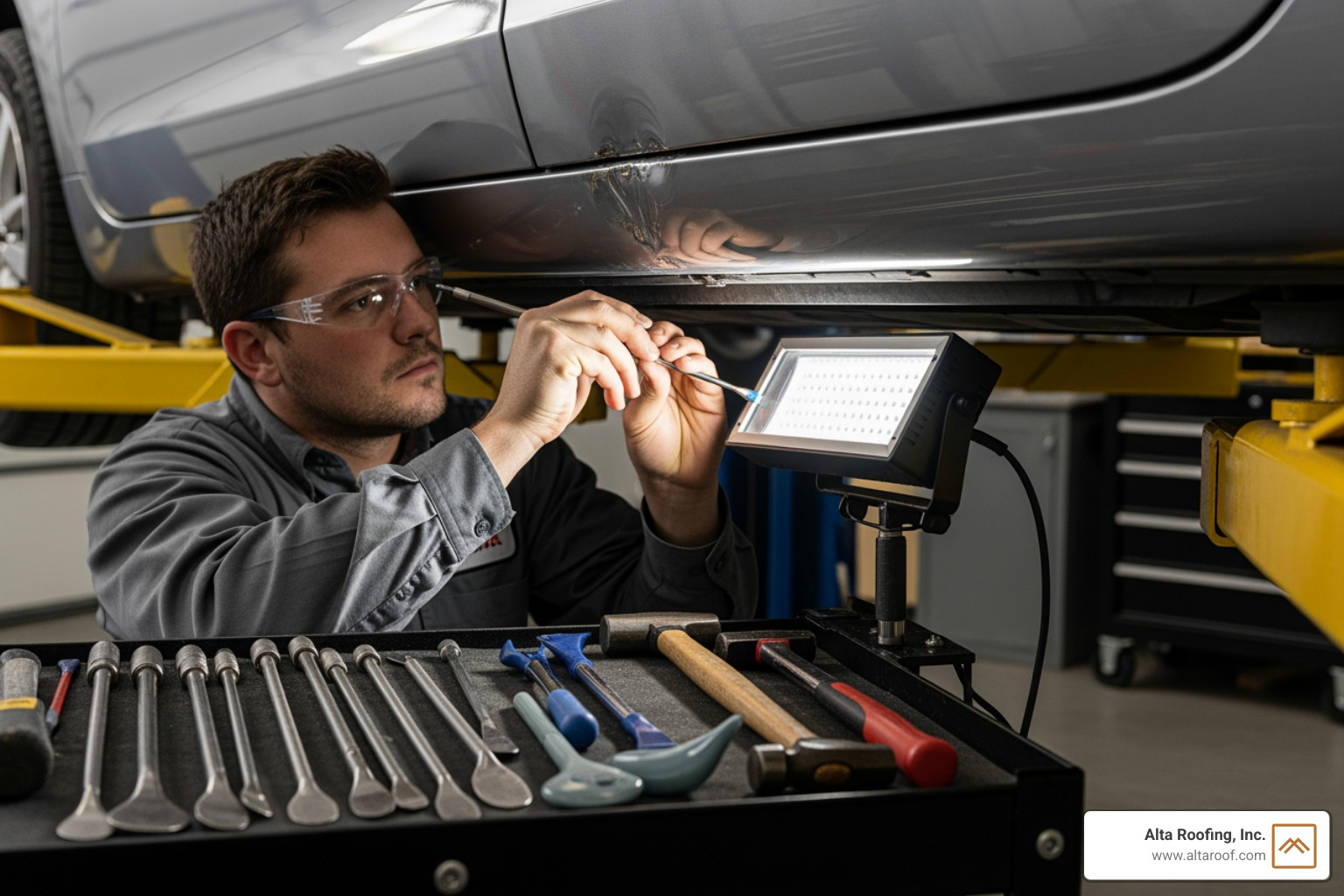 PDR technician working on a car panel with specialized tools - Colorado hail repair