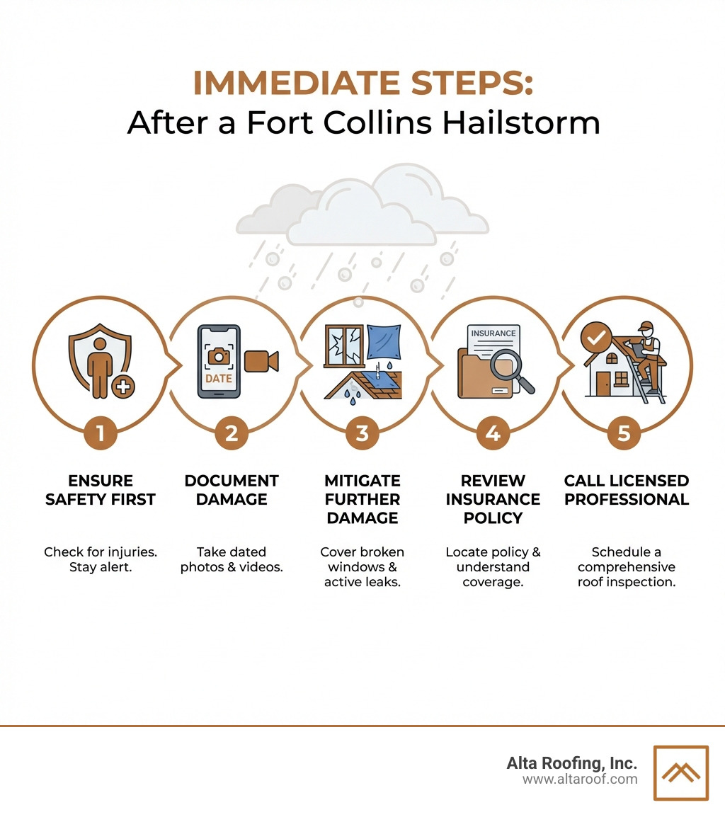 Infographic showing 5 immediate steps to take after a Fort Collins hailstorm: 1) Check for injuries and ensure safety, 2) Document all damage with dated photos and videos, 3) Cover broken windows and active leaks with tarps, 4) Locate your homeowner's insurance policy and review coverage, 5) Call a licensed roofing professional for a comprehensive inspection - hail damage Fort Collins infographic Infographic showing 5 immediate steps to take after a Fort Collins hailstorm: 1) Check for injuries and ensure safety, 2) Document all damage with dated photos and videos, 3) Cover broken windows and active leaks with tarps, 4) Locate your homeowner's insurance policy and review coverage, 5) Call a licensed roofing professional for a comprehensive inspection - hail damage Fort Collins infographic