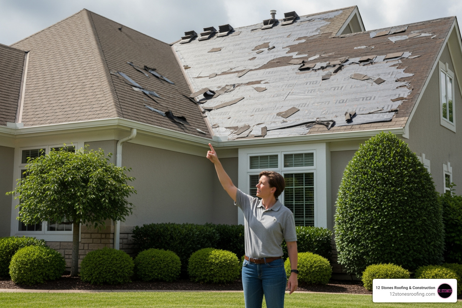 homeowner pointing up at their roof, which has a few missing shingles - free roof inspections near me homeowner pointing up at their roof, which has a few missing shingles - free roof inspections near me