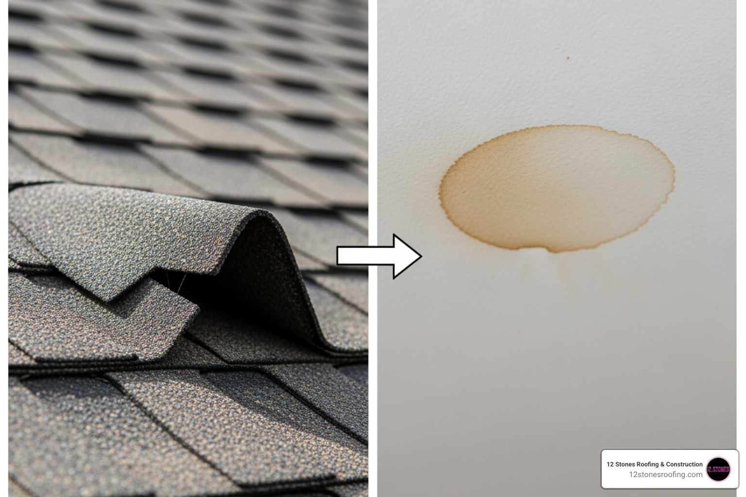 split-screen showing a small, cracked shingle on one side and a large water stain on a ceiling on the other, with an arrow connecting them - free roof inspections near me split-screen showing a small, cracked shingle on one side and a large water stain on a ceiling on the other, with an arrow connecting them - free roof inspections near me