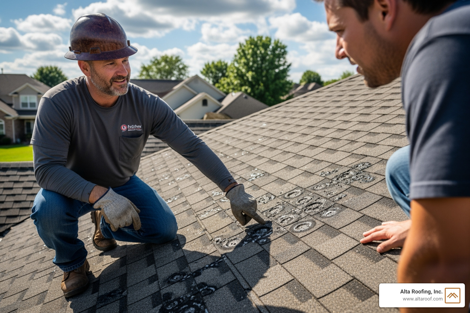 roofing professional pointing out hail damage - hail damage Fort Collins roofing professional pointing out hail damage - hail damage Fort Collins