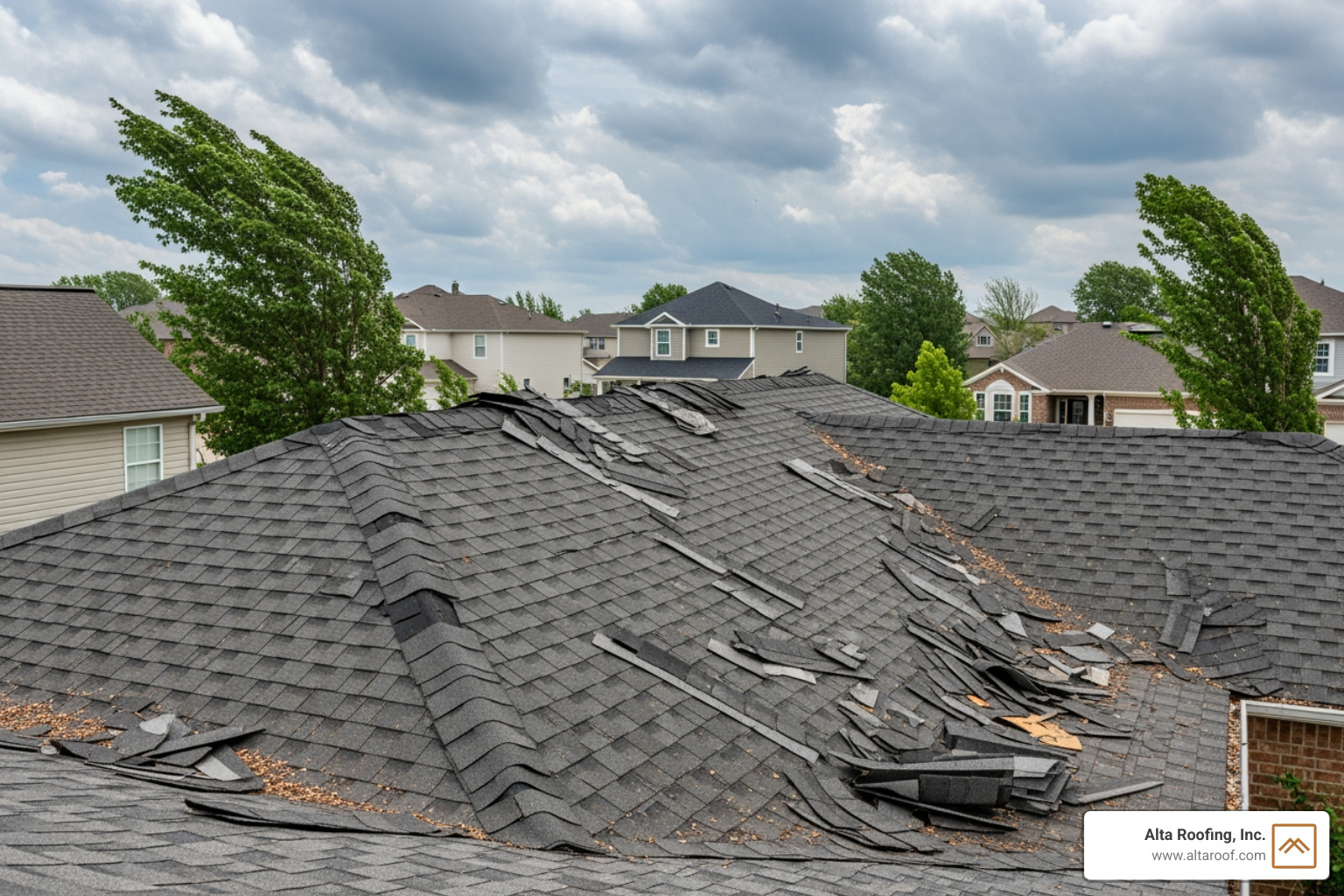 roof with shingles torn off after a wind storm - 24/7 roof repair service roof with shingles torn off after a wind storm - 24/7 roof repair service