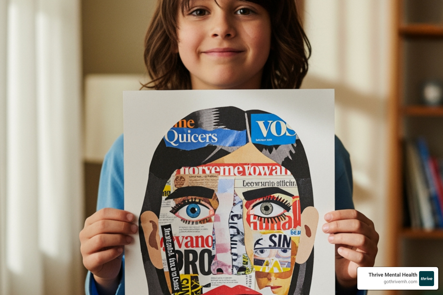 a child holding up a self-portrait collage made from magazine clippings - therapeutic art activities for kids