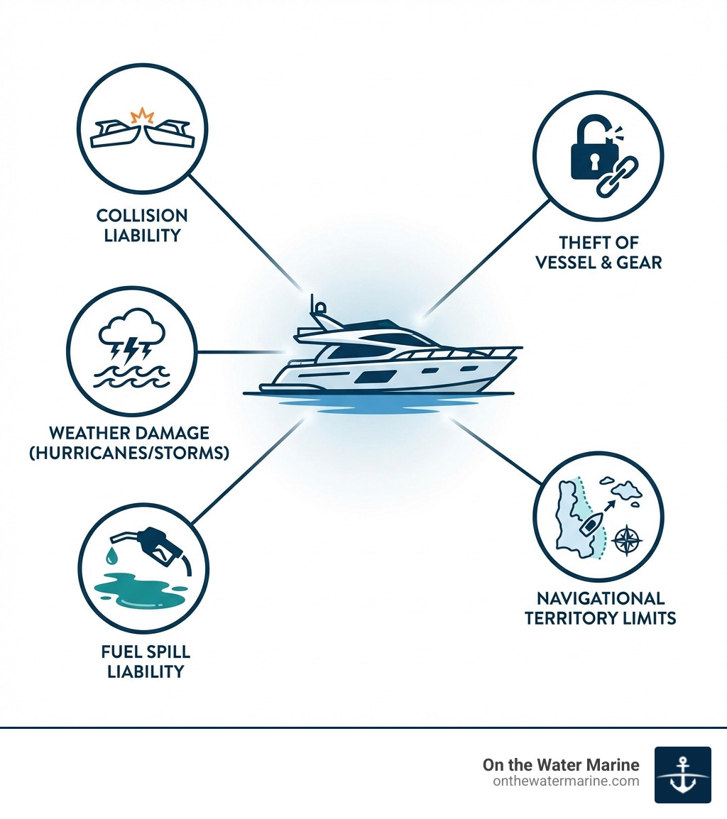 infographic showing primary risk areas for miami yacht owners including collision liability weather damage fuel spill liability theft and navigational territory considerations - boat insurance Miami Florida infographic infographic showing primary risk areas for miami yacht owners including collision liability weather damage fuel spill liability theft and navigational territory considerations - boat insurance Miami Florida infographic