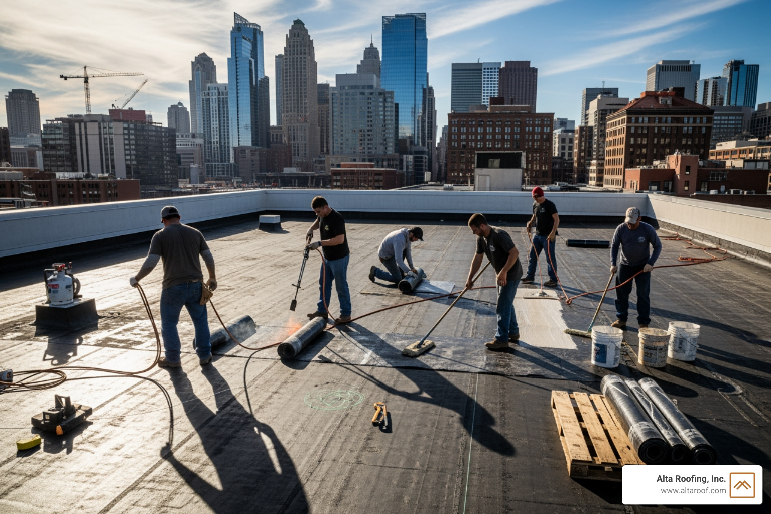 roofing crew working on a large, flat commercial roof - commercial roofers colorado springs roofing crew working on a large, flat commercial roof - commercial roofers colorado springs