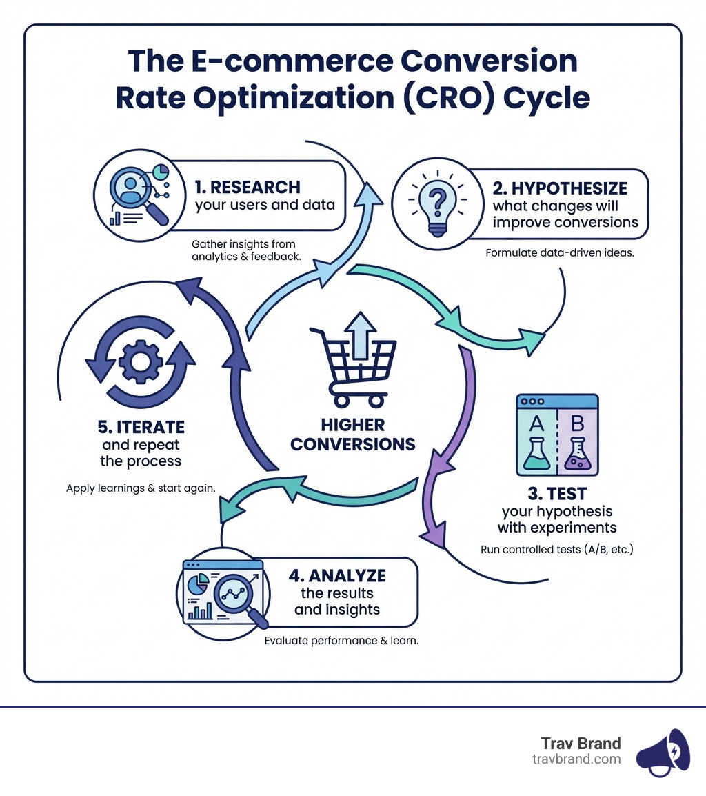 infographic showing the CRO cycle with five connected stages: Research your users and data, Hypothesize what changes will improve conversions, Test your hypothesis with experiments, Analyze the results and insights, Iterate and repeat the process - E-commerce conversion rate optimization infographic infographic showing the CRO cycle with five connected stages: Research your users and data, Hypothesize what changes will improve conversions, Test your hypothesis with experiments, Analyze the results and insights, Iterate and repeat the process - E-commerce conversion rate optimization infographic