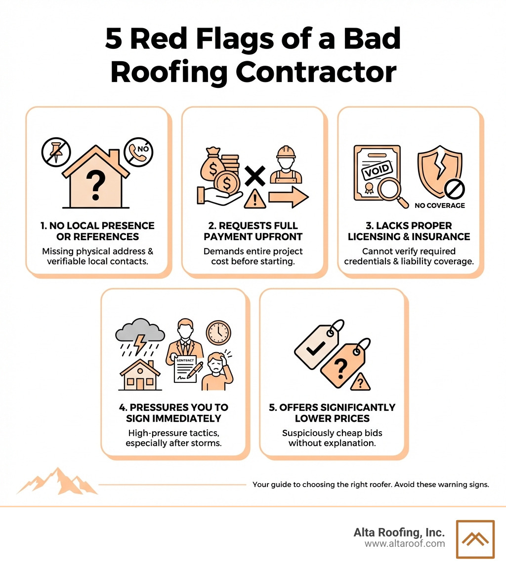 Infographic showing 5 Red Flags of a Bad Roofing Contractor: 1) No local physical address or references, 2) Requests full payment upfront, 3) Lacks proper licensing and insurance verification, 4) Pressures you to sign immediately after a storm, 5) Offers prices significantly lower than other bids without clear explanation - Colorado Springs roofing contractor infographic 
