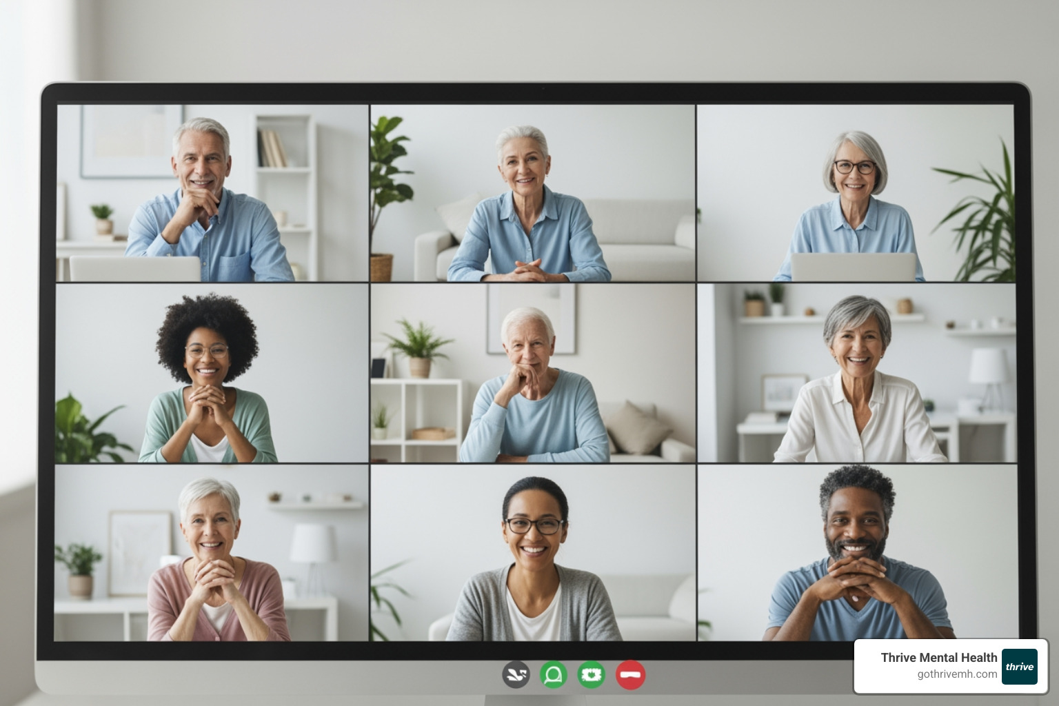 diverse group of people engaging in a virtual therapy session on a video call grid - virtual iop florida