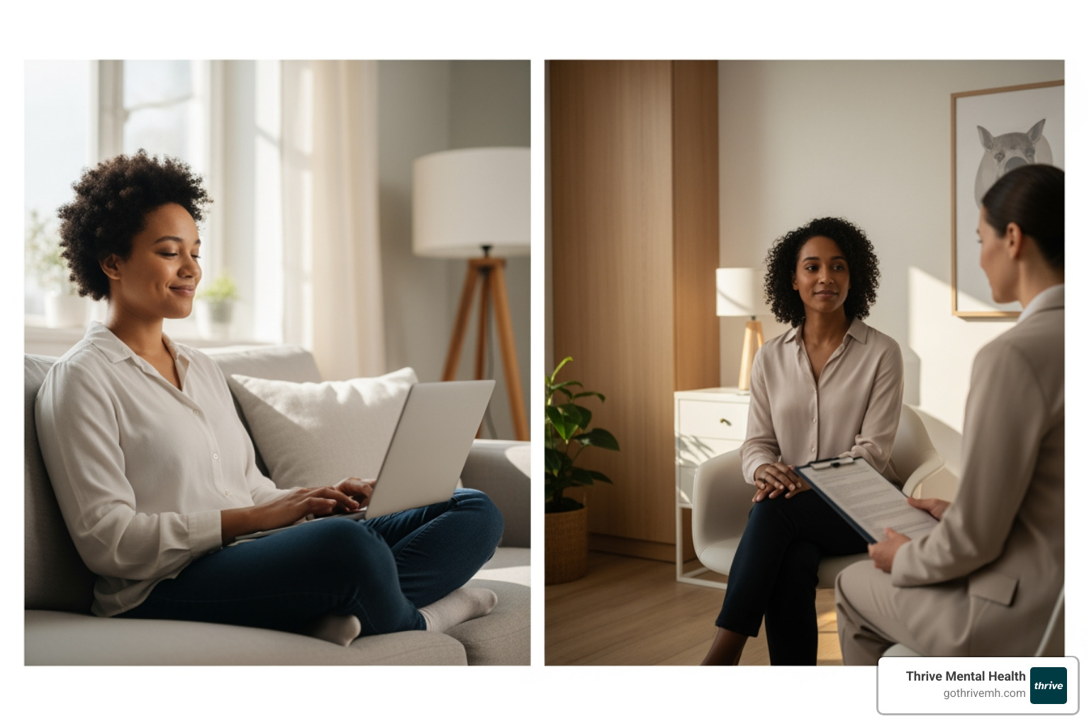 split screen showing a person at home in a virtual therapy session on one side and a person in a clinical setting with a therapist on the other side - virtual iop florida