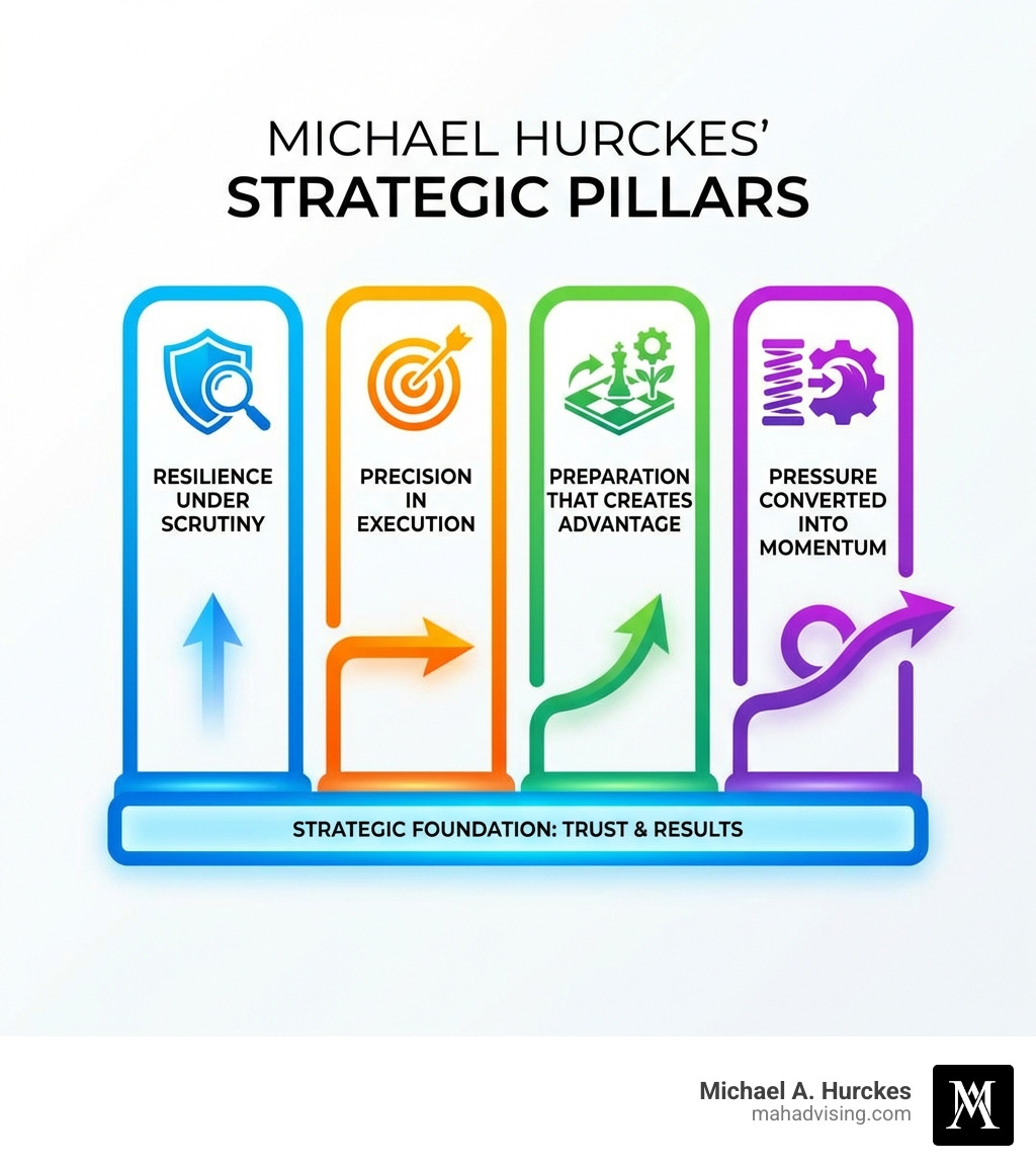 Infographic showing Michael Hurckes' strategic pillars: Resilience under scrutiny, Precision in execution, Preparation that creates advantage, and Pressure converted into momentum - michael hurckes attorney reviews infographic Infographic showing Michael Hurckes' strategic pillars: Resilience under scrutiny, Precision in execution, Preparation that creates advantage, and Pressure converted into momentum - michael hurckes attorney reviews infographic