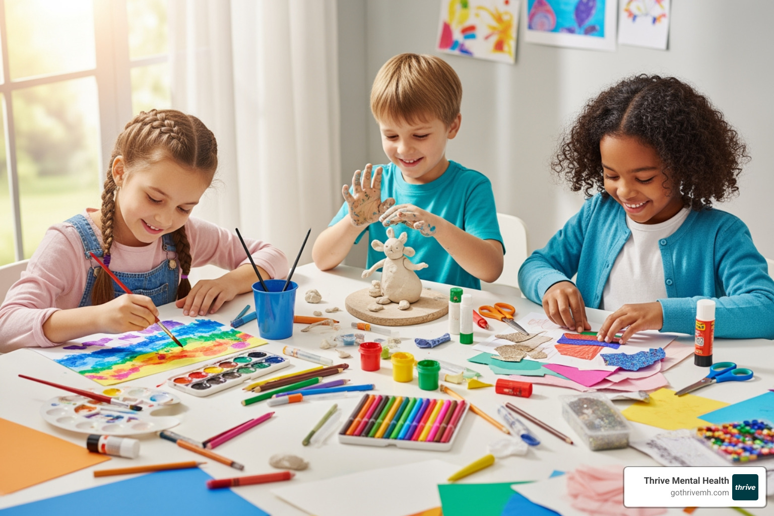 a collection of completed art projects: a feelings wheel, a clay monster, and a nature collage - therapeutic art activities for kids