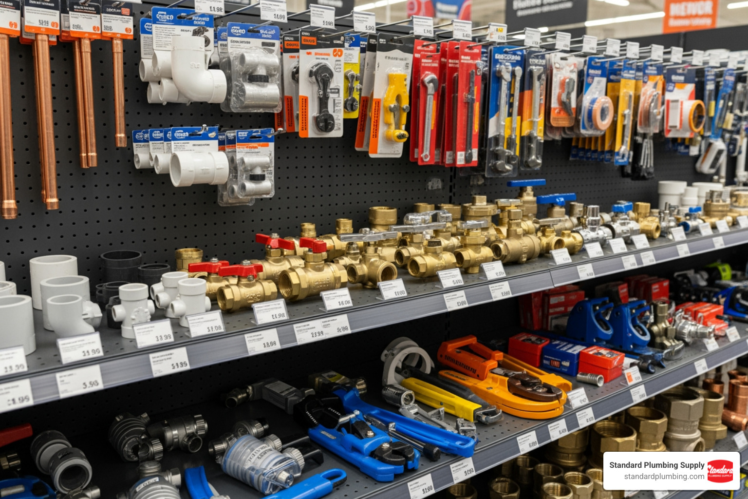 Image of various pipe fittings, valves, and plumbing tools neatly arranged - bathroom and plumbing superstore near me Image of various pipe fittings, valves, and plumbing tools neatly arranged - bathroom and plumbing superstore near me