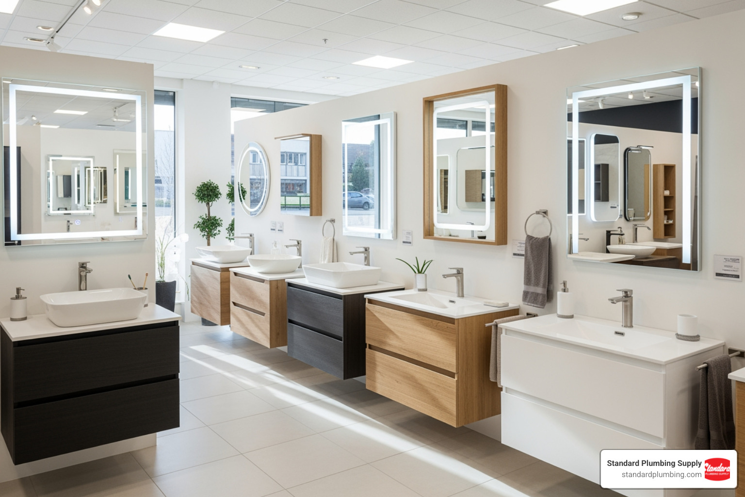 Image of a showroom displaying various bathroom vanities and sinks - bathroom and plumbing superstore near me Image of a showroom displaying various bathroom vanities and sinks - bathroom and plumbing superstore near me