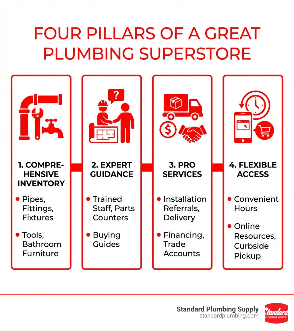 Infographic showing the four pillars of a great plumbing superstore: 1) Comprehensive Inventory (pipes, fittings, fixtures, tools, bathroom furniture), 2) Expert Guidance (trained staff, parts counters, buying guides), 3) Pro Services (installation referrals, delivery, financing, trade accounts), and 4) Flexible Access (convenient hours, online resources, curbside pickup) - bathroom and plumbing superstore near me infographic Infographic showing the four pillars of a great plumbing superstore: 1) Comprehensive Inventory (pipes, fittings, fixtures, tools, bathroom furniture), 2) Expert Guidance (trained staff, parts counters, buying guides), 3) Pro Services (installation referrals, delivery, financing, trade accounts), and 4) Flexible Access (convenient hours, online resources, curbside pickup) - bathroom and plumbing superstore near me infographic
