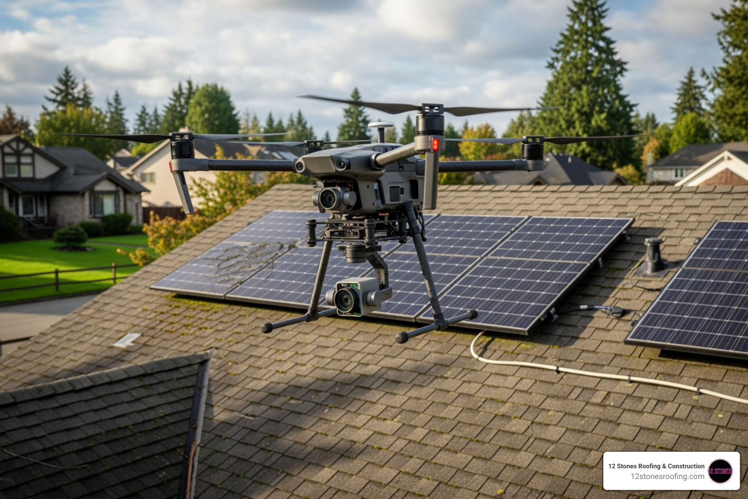 a drone being used for a roof inspection, highlighting advanced technology - certified roof inspector near me