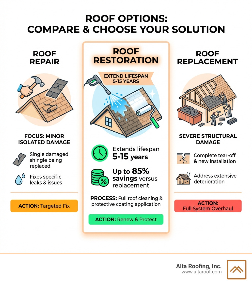 Infographic comparing three options: Roof Repair shows a single damaged shingle being replaced for minor isolated damage; Roof Restoration shows a full roof being cleaned and coated to extend lifespan 5-15 years at up to 85% savings versus replacement; Roof Replacement shows complete tear-off and new installation for severe structural damage - Roof restoration Colorado Springs infographic Infographic comparing three options: Roof Repair shows a single damaged shingle being replaced for minor isolated damage; Roof Restoration shows a full roof being cleaned and coated to extend lifespan 5-15 years at up to 85% savings versus replacement; Roof Replacement shows complete tear-off and new installation for severe structural damage - Roof restoration Colorado Springs infographic