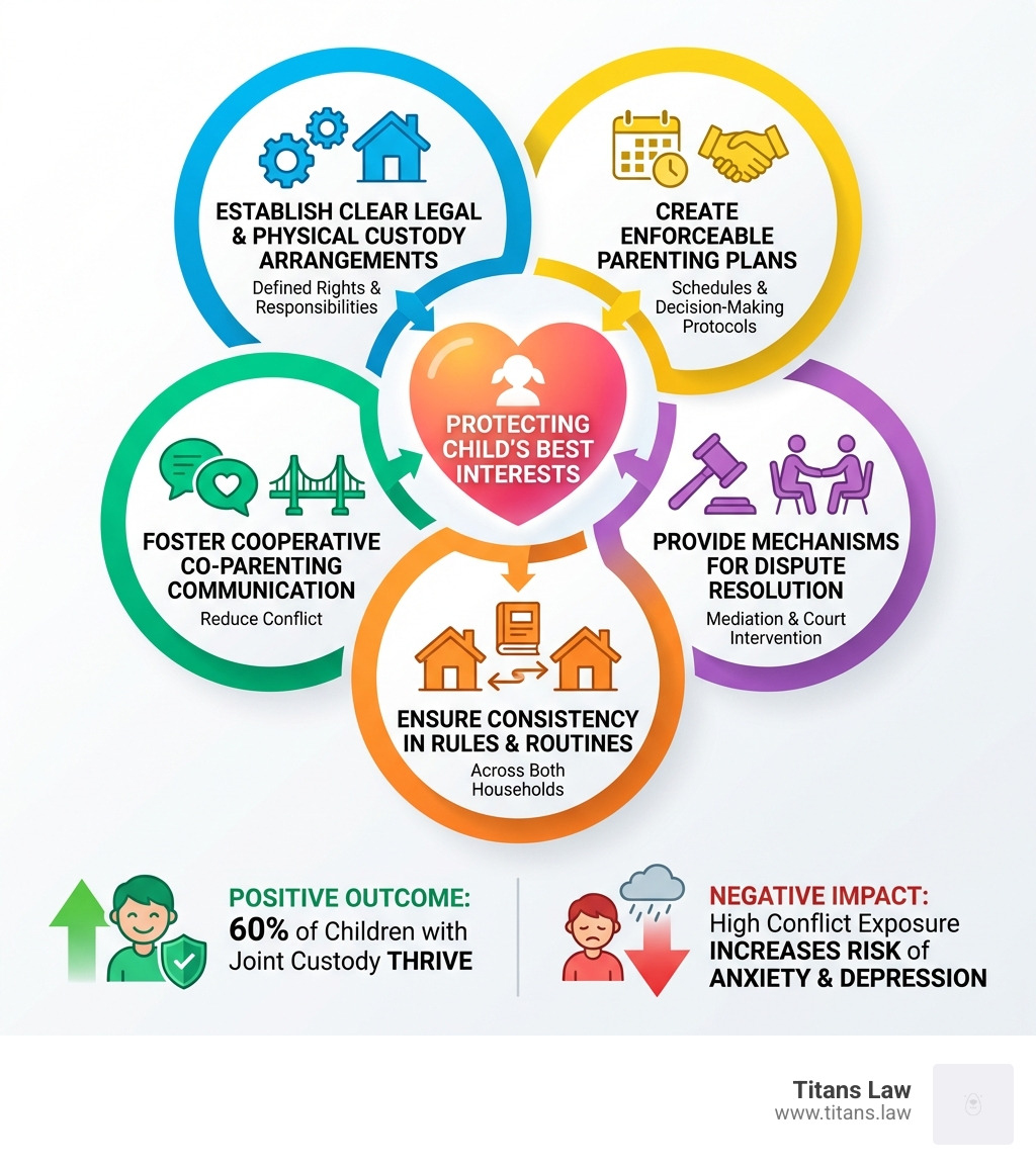 Infographic showing the primary goals of child custody solutions: protecting the child's best interests at the center, surrounded by key elements including establishing clear legal and physical custody arrangements, creating enforceable parenting plans with schedules and decision-making protocols, fostering cooperative co-parenting communication to reduce conflict, ensuring consistency in rules and routines across both households, and providing mechanisms for dispute resolution through mediation or court intervention. Statistics show 60% of children with joint custody thrive, while children exposed to high conflict face increased risks of anxiety and depression. - child custody solutions infographic Infographic showing the primary goals of child custody solutions: protecting the child's best interests at the center, surrounded by key elements including establishing clear legal and physical custody arrangements, creating enforceable parenting plans with schedules and decision-making protocols, fostering cooperative co-parenting communication to reduce conflict, ensuring consistency in rules and routines across both households, and providing mechanisms for dispute resolution through mediation or court intervention. Statistics show 60% of children with joint custody thrive, while children exposed to high conflict face increased risks of anxiety and depression. - child custody solutions infographic