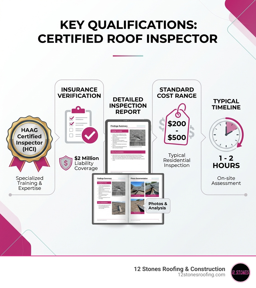 Infographic showing the key qualifications of a certified roof inspector including HAAG certification badge, insurance verification checklist, sample inspection report pages with photos, cost range of two hundred to five hundred dollars, and typical inspection timeline of one to two hours - certified roof inspector near me infographic 