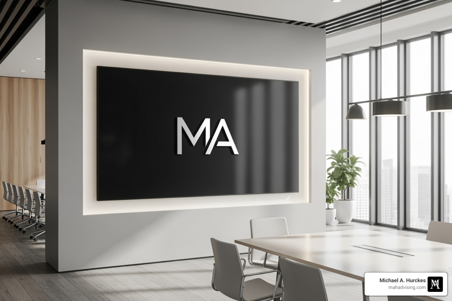 Image of the MAH Advising logo in a corporate setting - michael hurckes attorney reviews Image of the MAH Advising logo in a corporate setting - michael hurckes attorney reviews