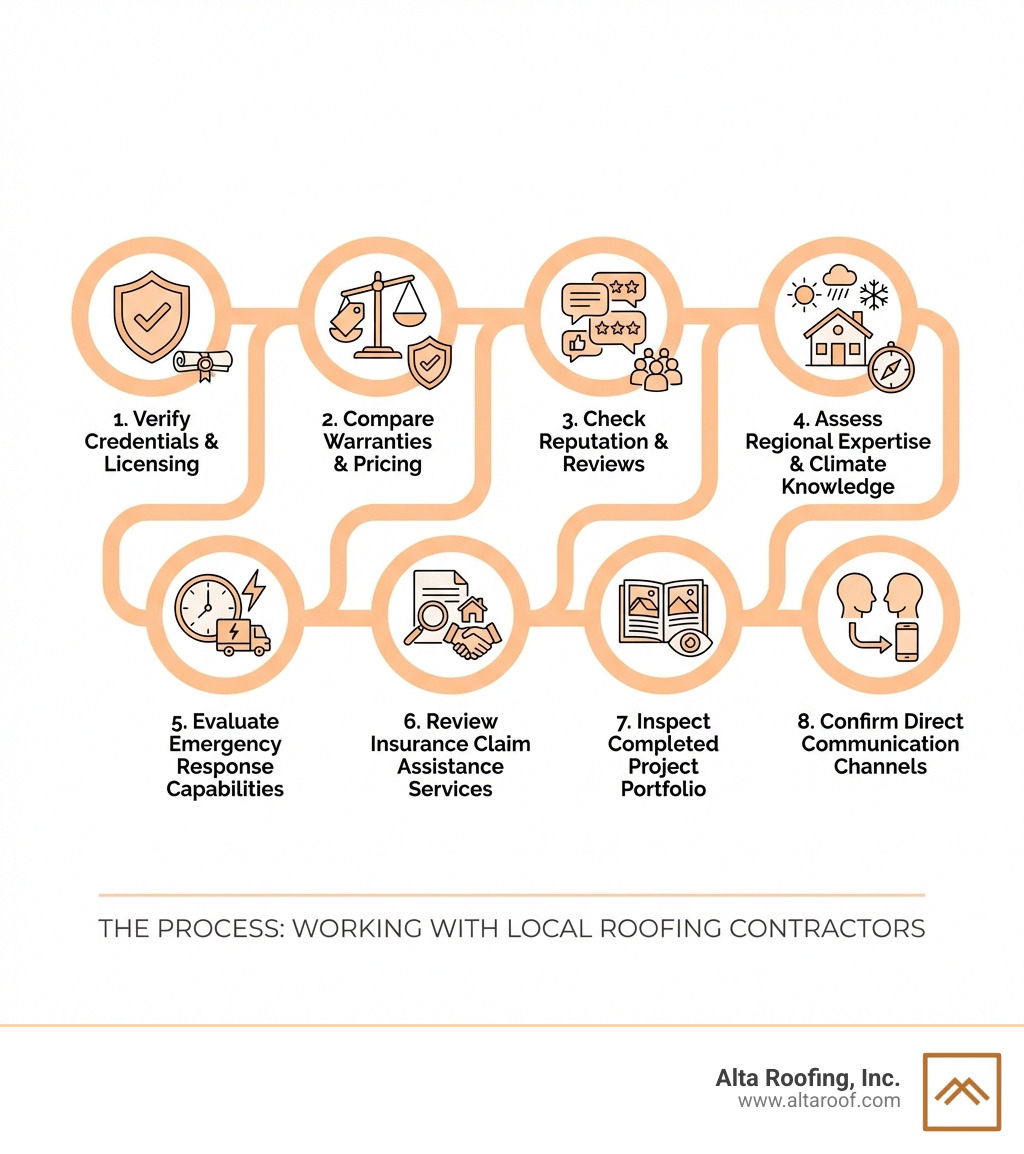 Infographic showing the complete process of working with local roofing contractors: 1) Verify credentials and licensing, 2) Compare warranties and pricing, 3) Check community reputation and reviews, 4) Assess regional expertise and climate knowledge, 5) Evaluate emergency response capabilities, 6) Review insurance claim assistance services, 7) Inspect completed project portfolio, 8) Confirm direct communication channels - Local roofing contractors infographic Infographic showing the complete process of working with local roofing contractors: 1) Verify credentials and licensing, 2) Compare warranties and pricing, 3) Check community reputation and reviews, 4) Assess regional expertise and climate knowledge, 5) Evaluate emergency response capabilities, 6) Review insurance claim assistance services, 7) Inspect completed project portfolio, 8) Confirm direct communication channels - Local roofing contractors infographic