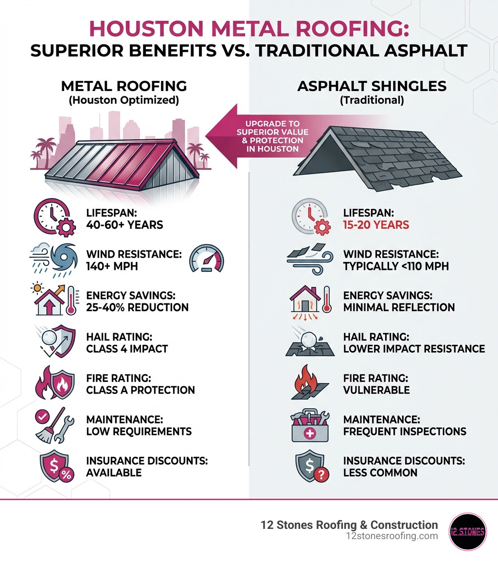 Infographic showing metal roofing benefits for Houston homes including 40-60 year lifespan, 140+ mph wind resistance, 25-40% energy savings, Class 4 hail rating, Class A fire rating, low maintenance requirements, and insurance discounts, compared to traditional asphalt shingles - houston tx metal roofing infographic Infographic showing metal roofing benefits for Houston homes including 40-60 year lifespan, 140+ mph wind resistance, 25-40% energy savings, Class 4 hail rating, Class A fire rating, low maintenance requirements, and insurance discounts, compared to traditional asphalt shingles - houston tx metal roofing infographic