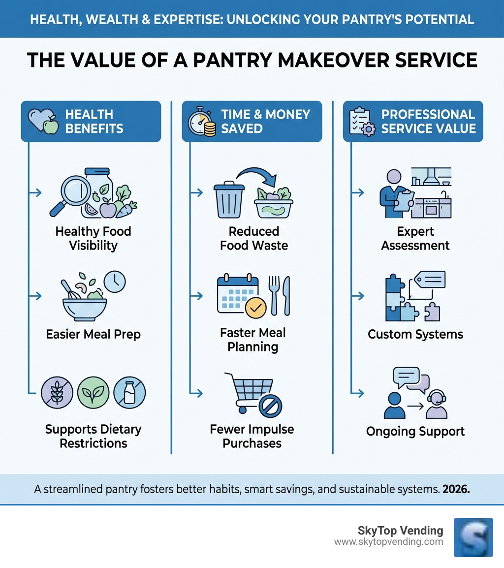 infographic showing three columns: Health Benefits (healthy food visibility, easier meal prep, supports dietary restrictions), Time & Money Saved (reduced food waste, faster meal planning, fewer impulse purchases), and Professional Service Value (expert assessment, custom systems, ongoing support) - pantry makeover service infographic infographic showing three columns: Health Benefits (healthy food visibility, easier meal prep, supports dietary restrictions), Time & Money Saved (reduced food waste, faster meal planning, fewer impulse purchases), and Professional Service Value (expert assessment, custom systems, ongoing support) - pantry makeover service infographic