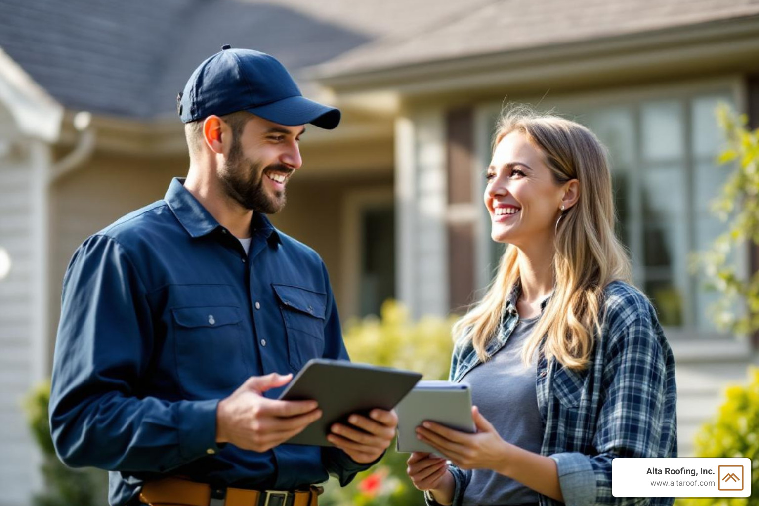 a friendly Alta Roofing contractor consulting with a homeowner in front of their house - Local roofing contractors a friendly Alta Roofing contractor consulting with a homeowner in front of their house - Local roofing contractors
