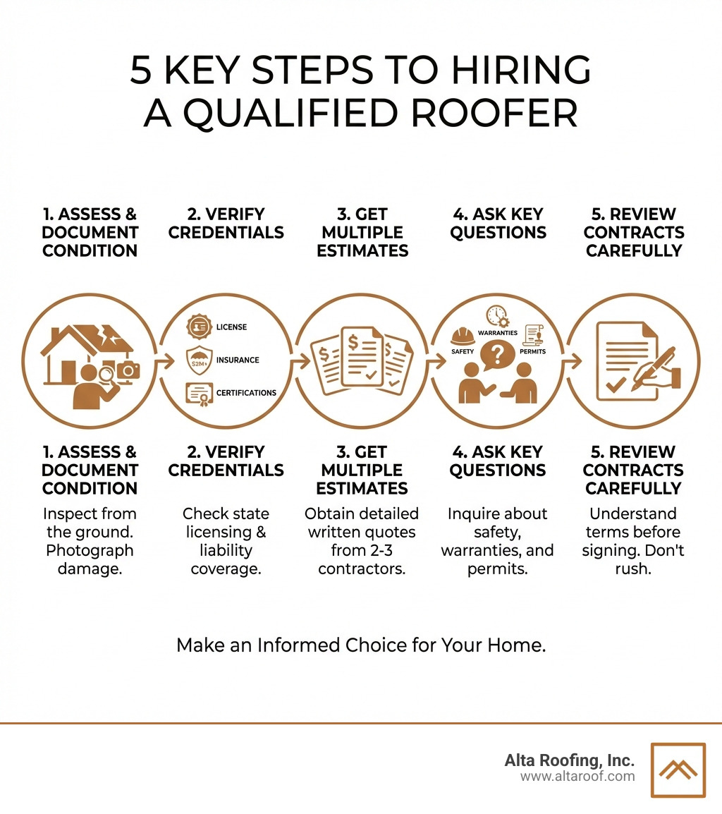 Infographic showing the 5 key steps to hiring a qualified roofer: 1. Assess your roof's condition and document any damage, 2. Verify contractor licensing, insurance, and certifications, 3. Get detailed written estimates from multiple contractors, 4. Ask key questions about safety, warranties, and permits, 5. Review contracts carefully before signing - Roofing services near me infographic Infographic showing the 5 key steps to hiring a qualified roofer: 1. Assess your roof's condition and document any damage, 2. Verify contractor licensing, insurance, and certifications, 3. Get detailed written estimates from multiple contractors, 4. Ask key questions about safety, warranties, and permits, 5. Review contracts carefully before signing - Roofing services near me infographic