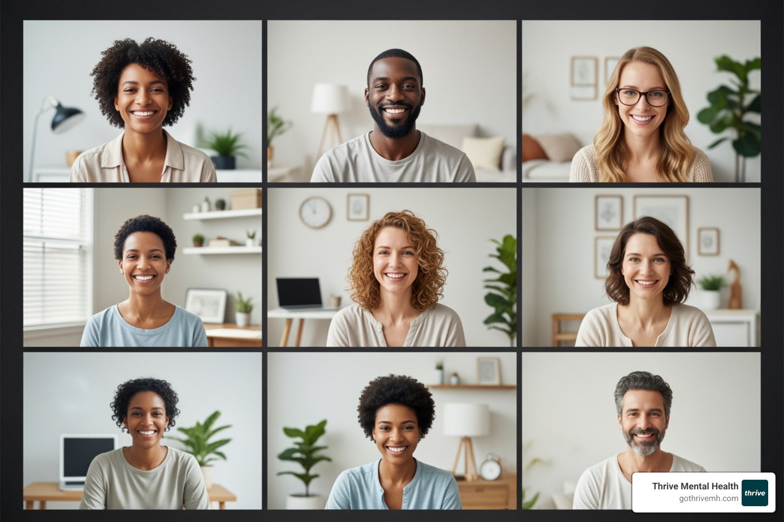 diverse group of people in a grid-view video call, representing a virtual group therapy session - virtual iop florida