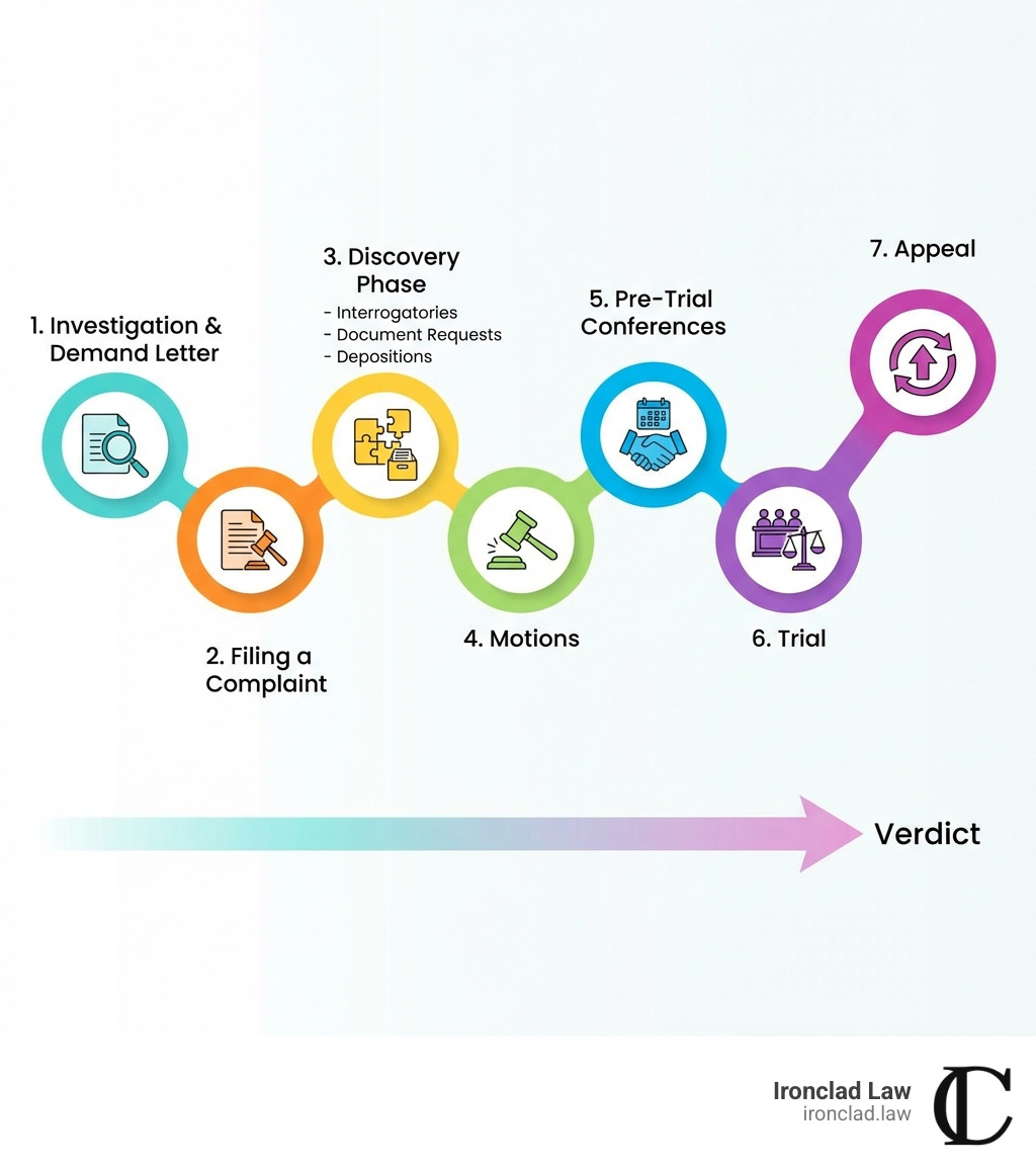 infographic explaining the typical stages of an IP lawsuit from complaint to verdict - Intellectual property lawsuit infographic infographic explaining the typical stages of an IP lawsuit from complaint to verdict - Intellectual property lawsuit infographic