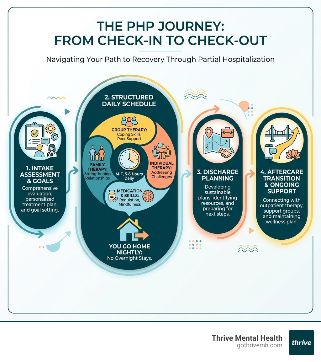 infographic showing the PHP journey from intake assessment through daily schedule to discharge planning and aftercare transition - what happens in a partial hospitalization program infographic 