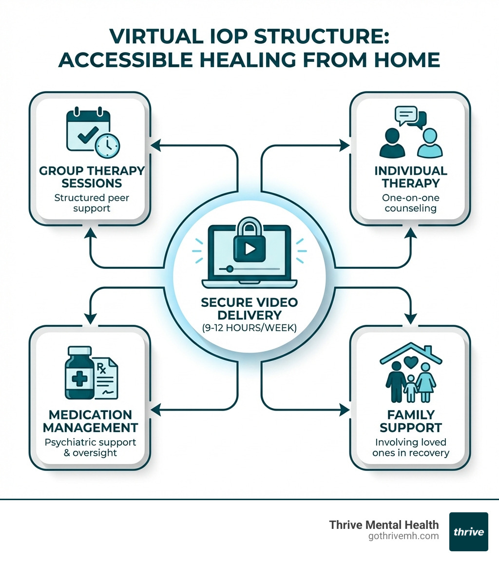 infographic showing Virtual IOP structure: 9-12 hours per week broken into group therapy sessions, individual therapy, medication management, and family support—all delivered via secure video from home, with icons for laptop, calendar, therapist, and family - virtual iop florida infographic 