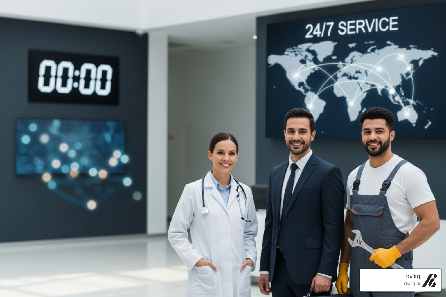 diverse professionals (doctor, lawyer, plumber) benefiting from 24/7 service - after hours answering service diverse professionals (doctor, lawyer, plumber) benefiting from 24/7 service - after hours answering service