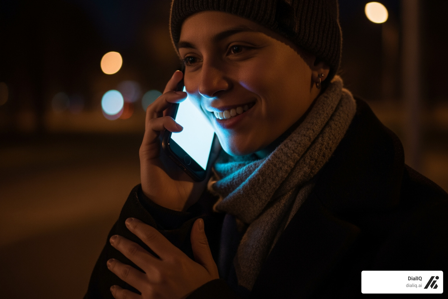 customer happily on the phone at night - after hours answering service customer happily on the phone at night - after hours answering service