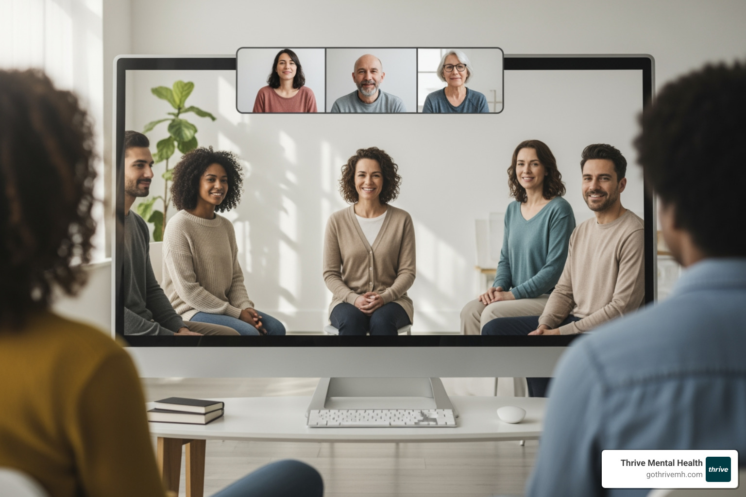 Diverse group of people in a virtual group therapy session, showing connection and support - virtual iop florida