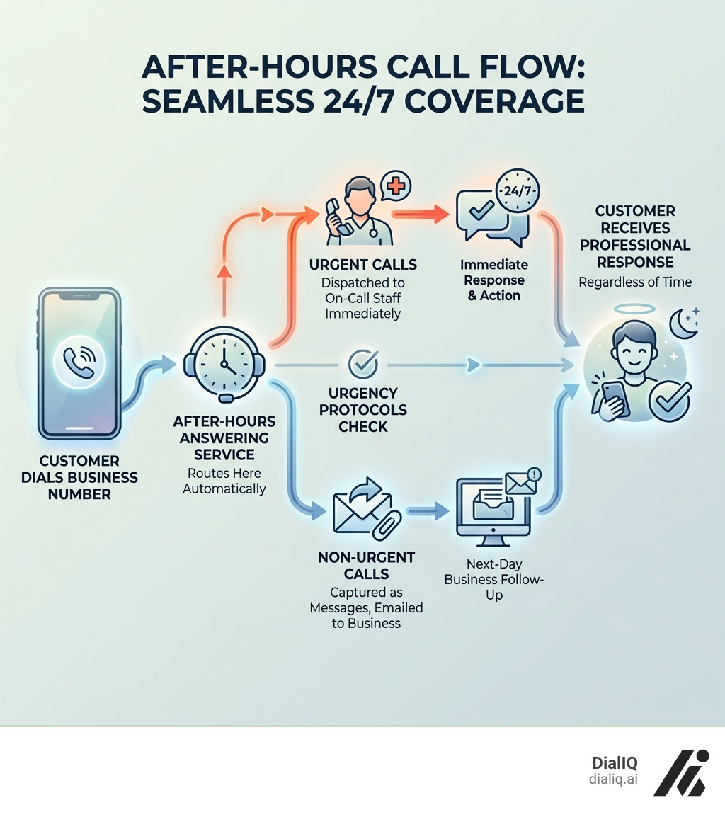 infographic showing the flow of an after-hours call: customer dials business number, call routes to answering service, service handles call based on urgency protocols, urgent calls dispatched to on-call staff immediately, non-urgent calls captured as messages and emailed to business for next-day follow-up, customer receives professional response regardless of time - after hours answering service infographic infographic showing the flow of an after-hours call: customer dials business number, call routes to answering service, service handles call based on urgency protocols, urgent calls dispatched to on-call staff immediately, non-urgent calls captured as messages and emailed to business for next-day follow-up, customer receives professional response regardless of time - after hours answering service infographic
