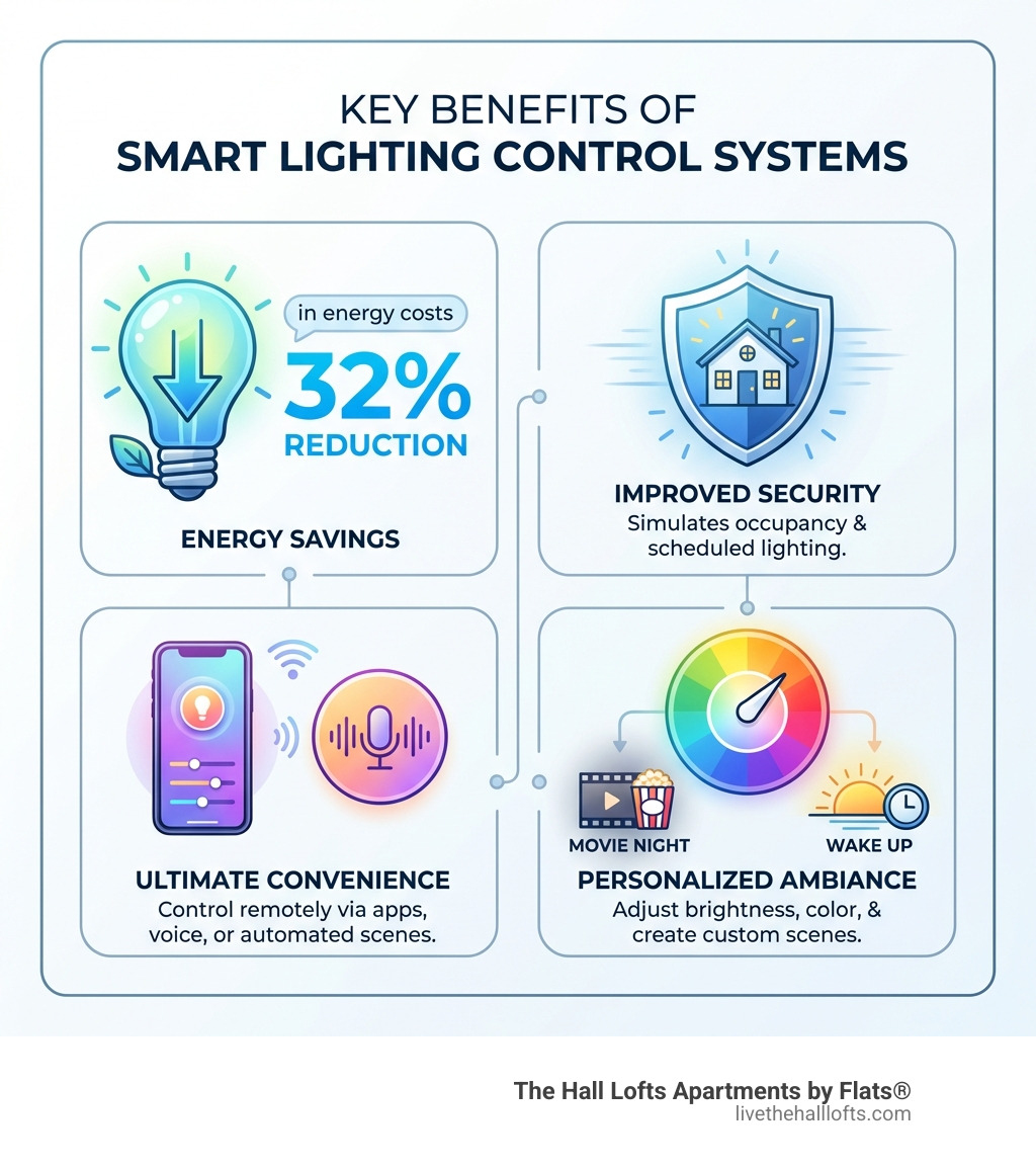 Infographic showing four key benefits of smart lighting control systems: Energy Savings with a 32% reduction statistic and lightbulb icon, Improved Security with a shield icon and home illustration, Ultimate Convenience with smartphone and voice control icons, and Personalized Ambiance with color wheel and scene examples like Movie Night and Wake Up - smart lighting control infographic 