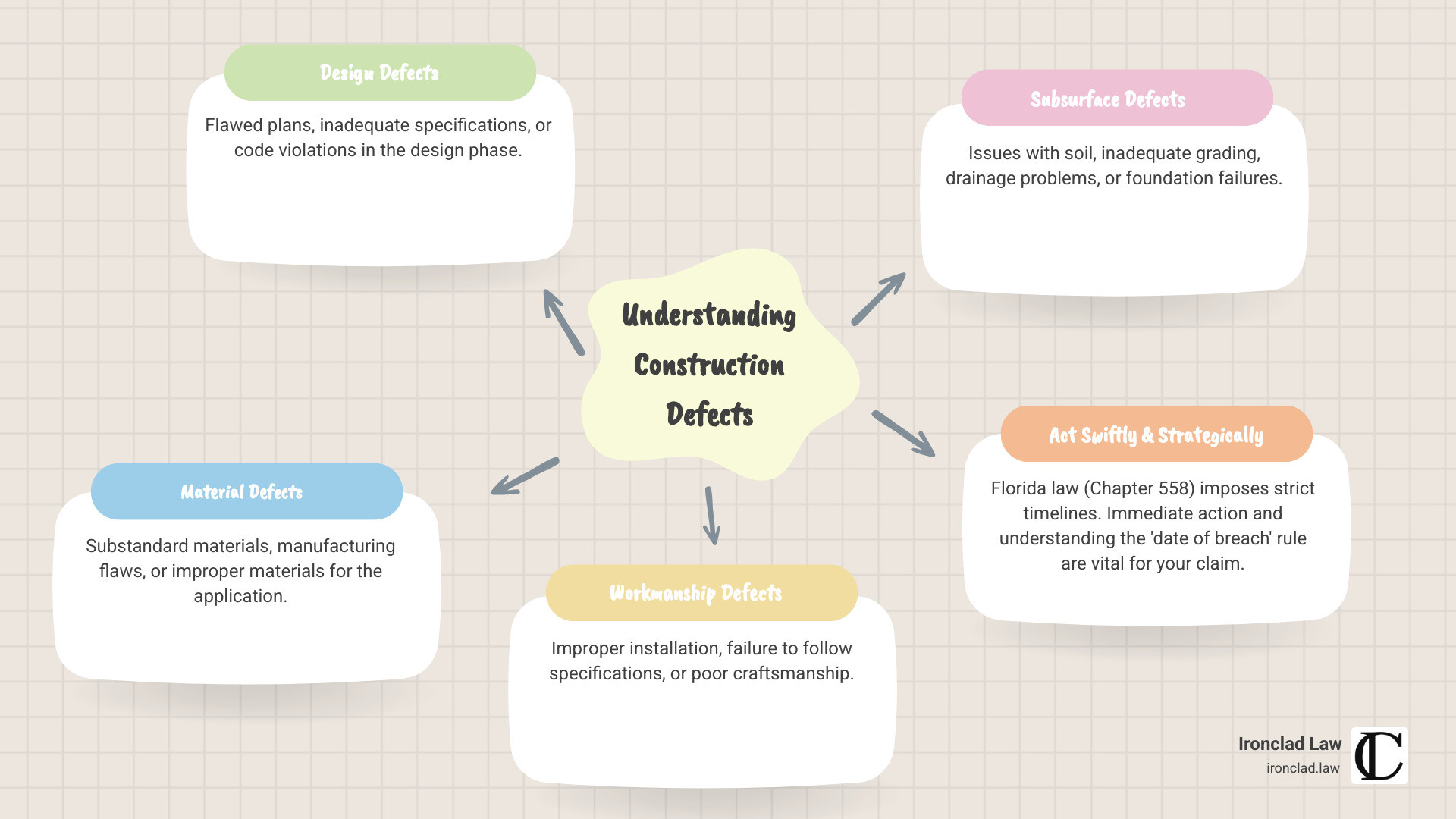 Infographic showing four types of construction defects: Design Defects (flawed plans, inadequate specifications, code violations in design phase), Material Defects (substandard materials, manufacturing defects, improper materials for application), Workmanship Defects (improper installation, failure to follow specifications, poor craftsmanship), and Subsurface Defects (soil issues, inadequate grading, drainage problems, foundation failures) - Construction defect lawsuit infographic mindmap-5-items Infographic showing four types of construction defects: Design Defects (flawed plans, inadequate specifications, code violations in design phase), Material Defects (substandard materials, manufacturing defects, improper materials for application), Workmanship Defects (improper installation, failure to follow specifications, poor craftsmanship), and Subsurface Defects (soil issues, inadequate grading, drainage problems, foundation failures) - Construction defect lawsuit infographic mindmap-5-items