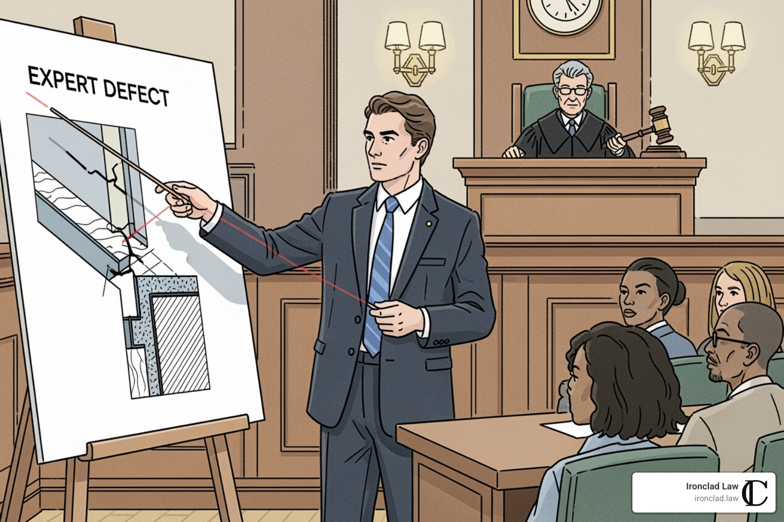 Expert witness pointing to a structural issue in a courtroom illustration - Construction defect lawsuit Expert witness pointing to a structural issue in a courtroom illustration - Construction defect lawsuit