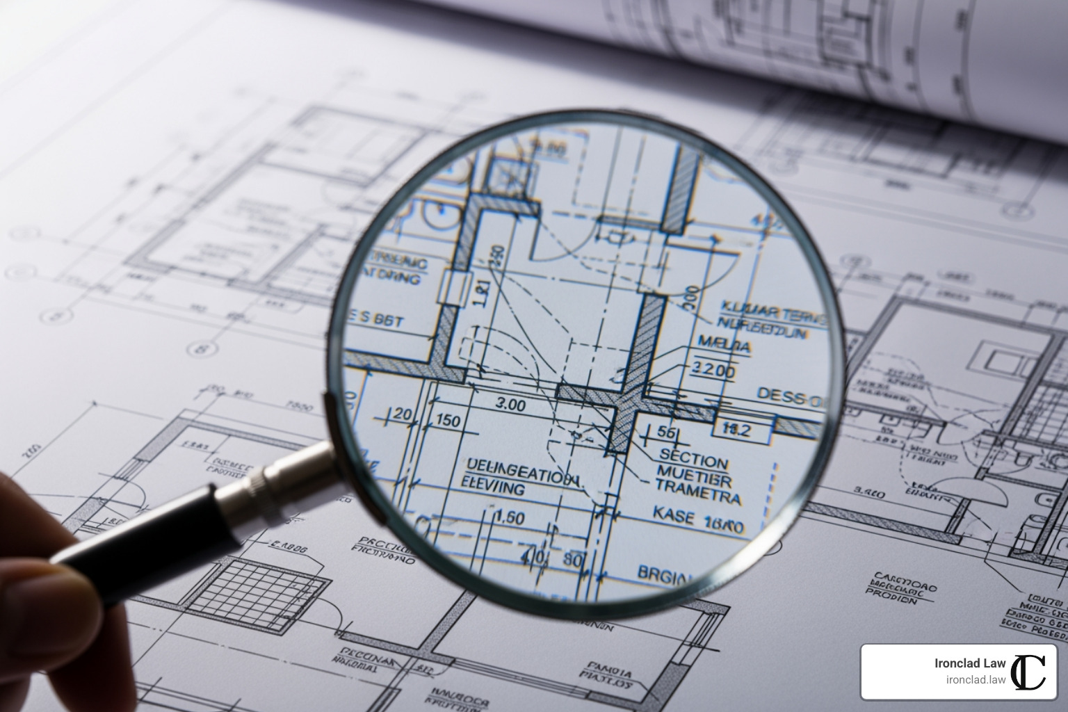 Blueprint being reviewed with a magnifying glass - Construction defect lawsuit Blueprint being reviewed with a magnifying glass - Construction defect lawsuit