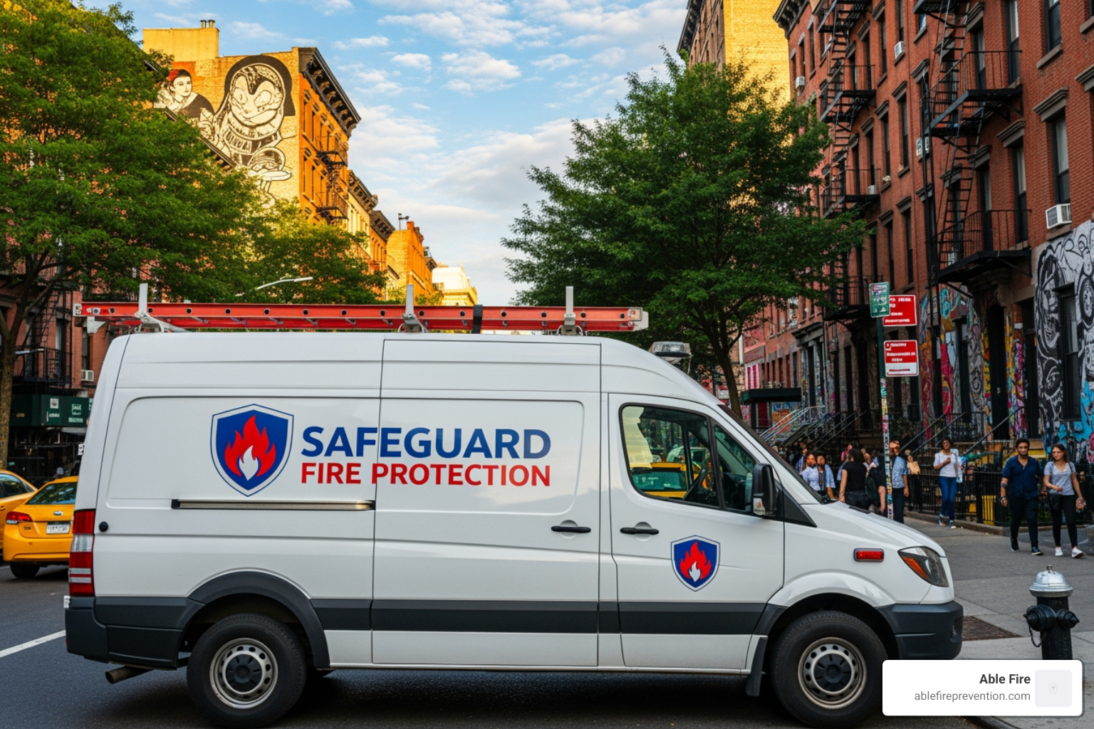 Service van with fire protection branding in a NYC borough - fire extinguisher inspection nyc Service van with fire protection branding in a NYC borough - fire extinguisher inspection nyc