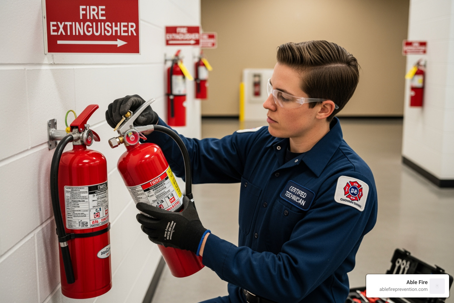 Certified technician inspecting fire extinguisher nozzle and hose - fire extinguisher inspection nyc Certified technician inspecting fire extinguisher nozzle and hose - fire extinguisher inspection nyc