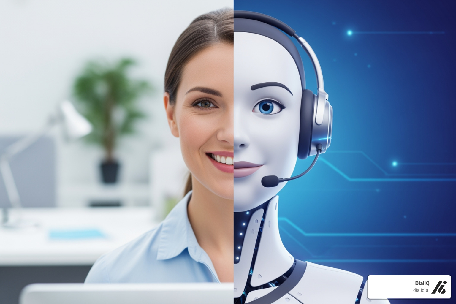 Split screen with a human receptionist on one side and a digital AI avatar on the other - 24/7 phone answering