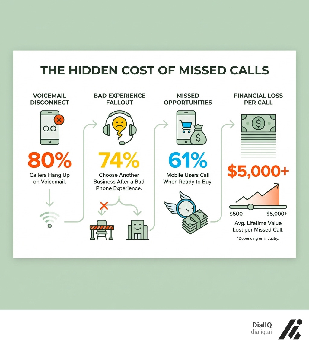 Infographic showing the cost of missed calls: 80% of callers hang up on voicemail, 74% choose another business after a bad phone experience, 61% of mobile users call when ready to buy, and the average lifetime value lost per missed call ranges from $500 to $5,000+ depending on industry - 24/7 phone answering infographic 