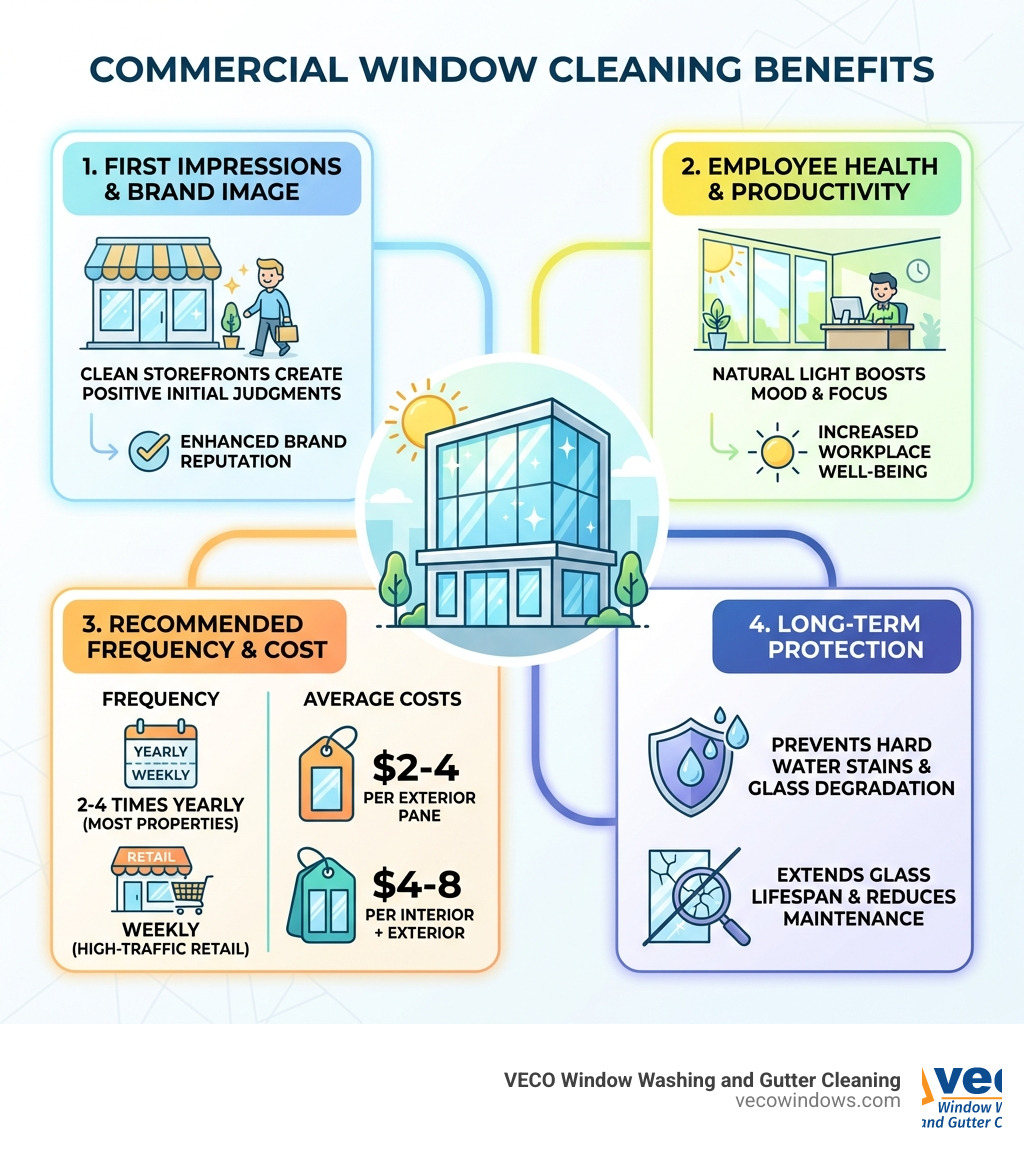 Infographic showing commercial window cleaning benefits: First impressions and brand image with clean storefronts, employee health and productivity from natural light, recommended cleaning frequency of 2-4 times yearly for most properties (weekly for high-traffic retail), average costs of $2-4 per exterior pane and $4-8 for interior plus exterior, and long-term protection including prevention of hard water stains and glass degradation - commercial building window cleaning infographic 