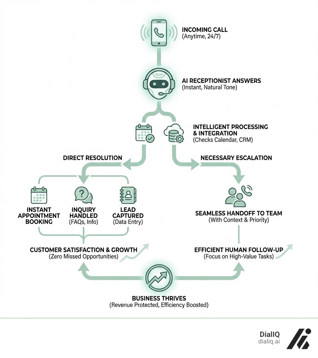 infographic explaining the flow of a call handled by an AI receptionist from initial ring to resolution or escalation - Small business AI receptionist infographic 