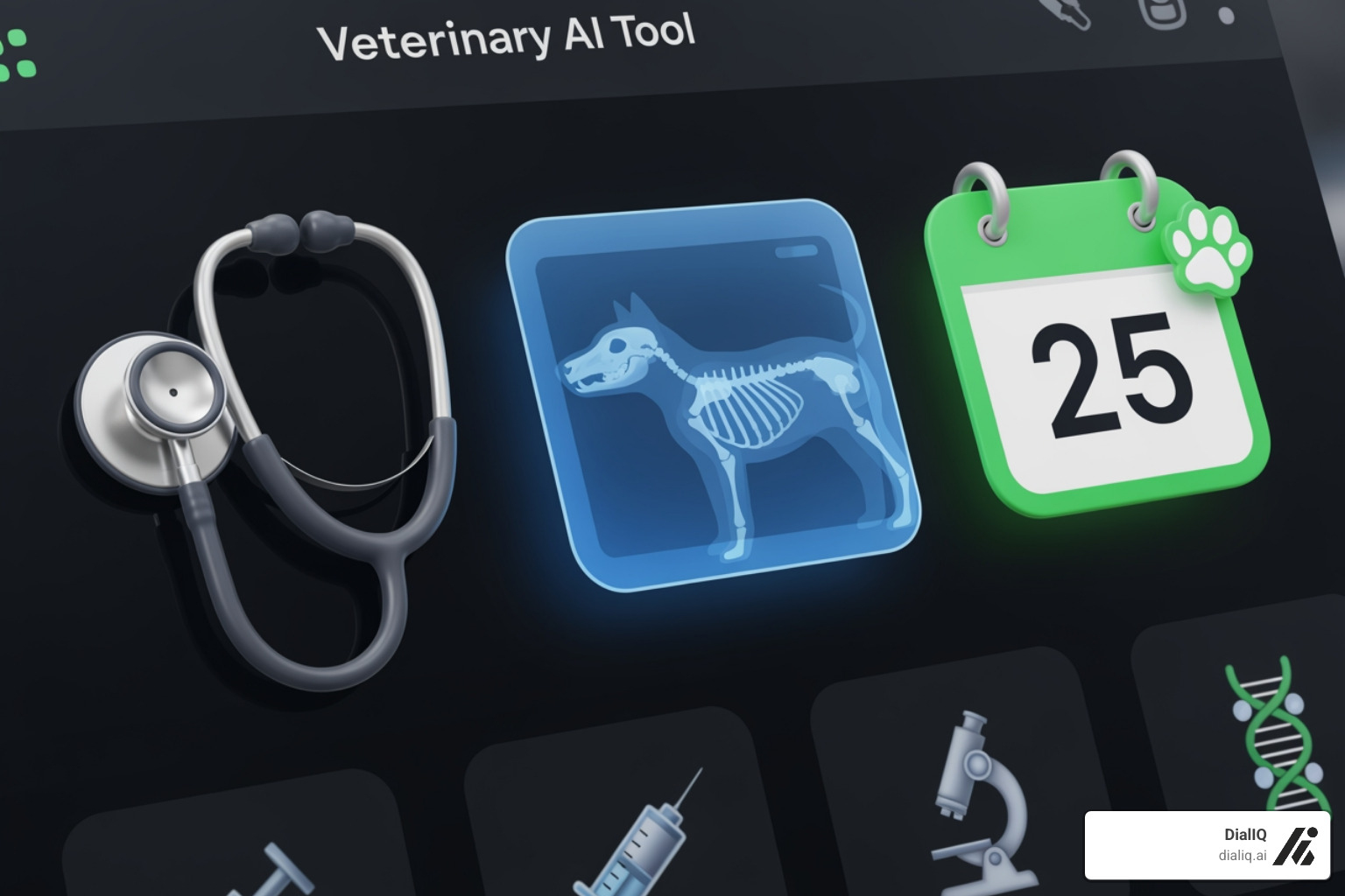 dashboard showing different AI vet tool icons like a stethoscope, a radiograph, and a calendar - AI for vets