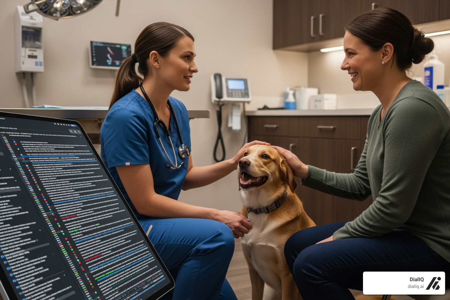 vet talking to client, with AI-generated notes appearing on a screen in real-time - AI for vets