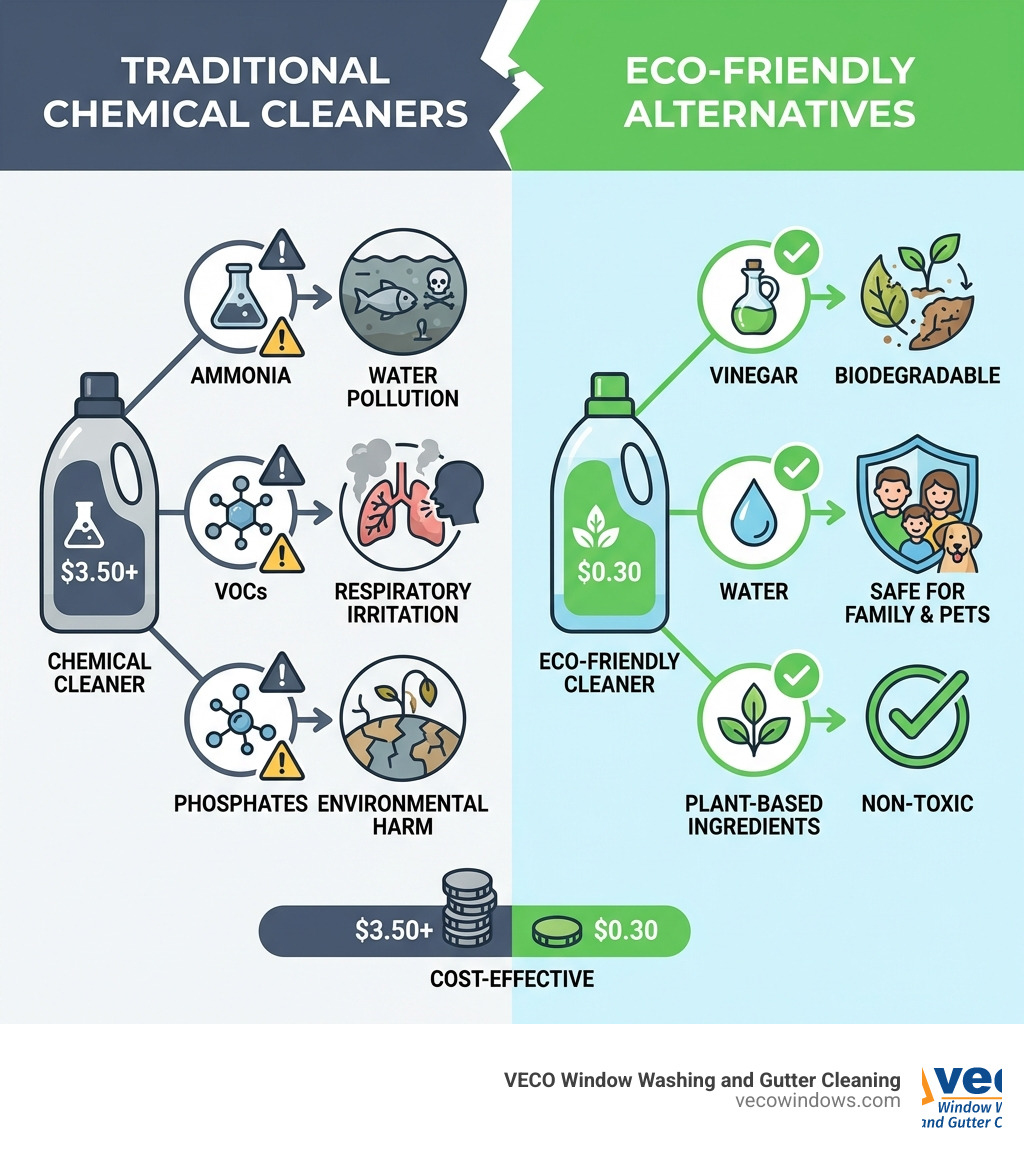 Infographic comparing traditional chemical window cleaners (showing ammonia, VOCs, phosphates with warning symbols for water pollution, respiratory irritation, and environmental harm) versus eco-friendly alternatives (showing vinegar, water, plant-based ingredients with icons for biodegradable, non-toxic, safe for family and pets, and cost-effective at $0.30 per bottle vs $3.50+ for commercial cleaners) - eco friendly window cleaning infographic Infographic comparing traditional chemical window cleaners (showing ammonia, VOCs, phosphates with warning symbols for water pollution, respiratory irritation, and environmental harm) versus eco-friendly alternatives (showing vinegar, water, plant-based ingredients with icons for biodegradable, non-toxic, safe for family and pets, and cost-effective at $0.30 per bottle vs $3.50+ for commercial cleaners) - eco friendly window cleaning infographic