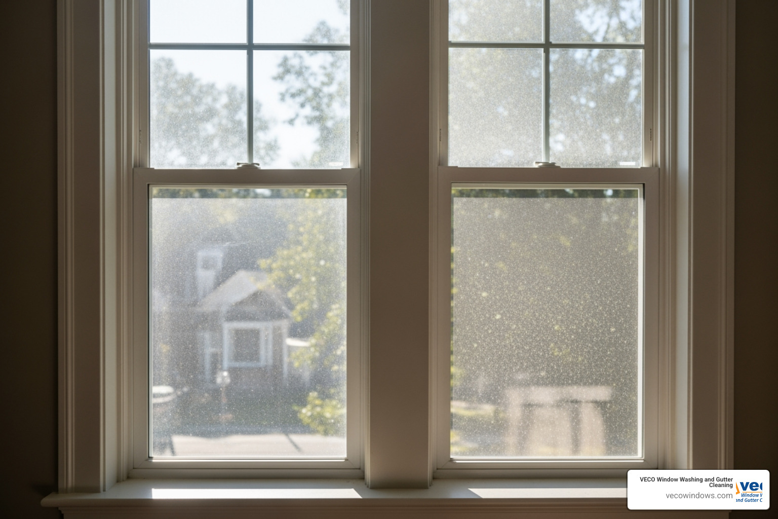 sunlight streaming through a freshly cleaned window, illuminating dust particles in the air of an adjacent dirty window - move in window cleaning